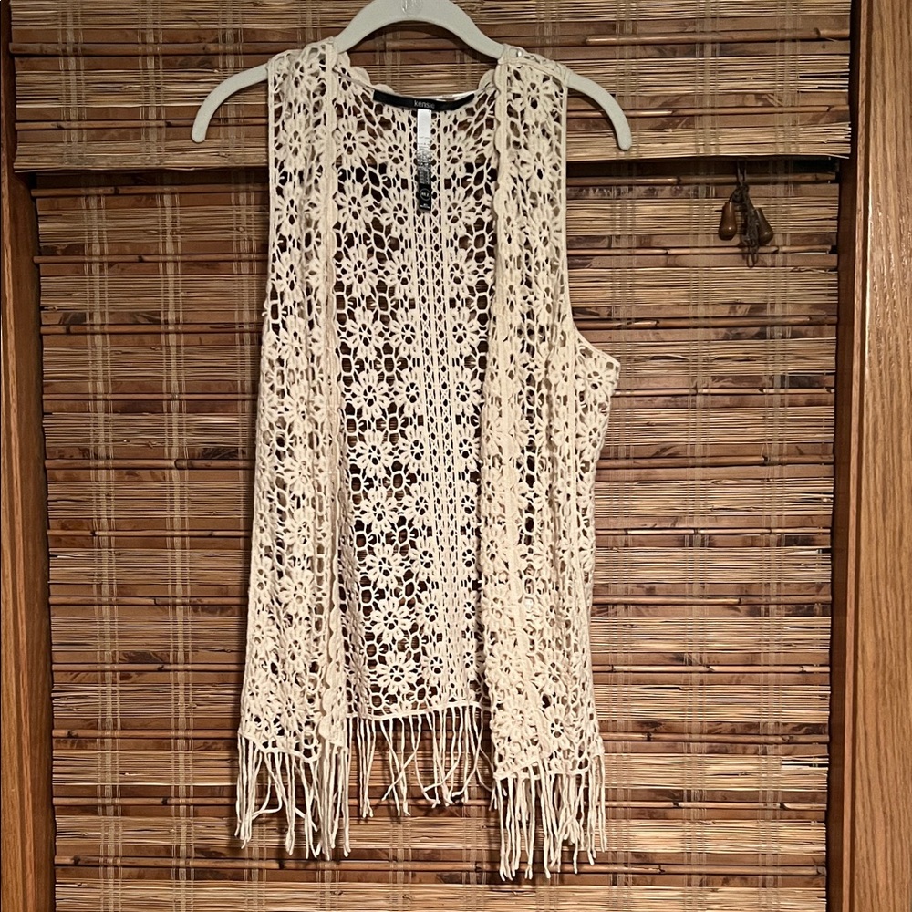 Kensie Cream Crochet Vest with Fringe